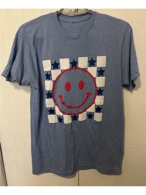 Women's Blue Smiley Face Checkerboard T shirt.